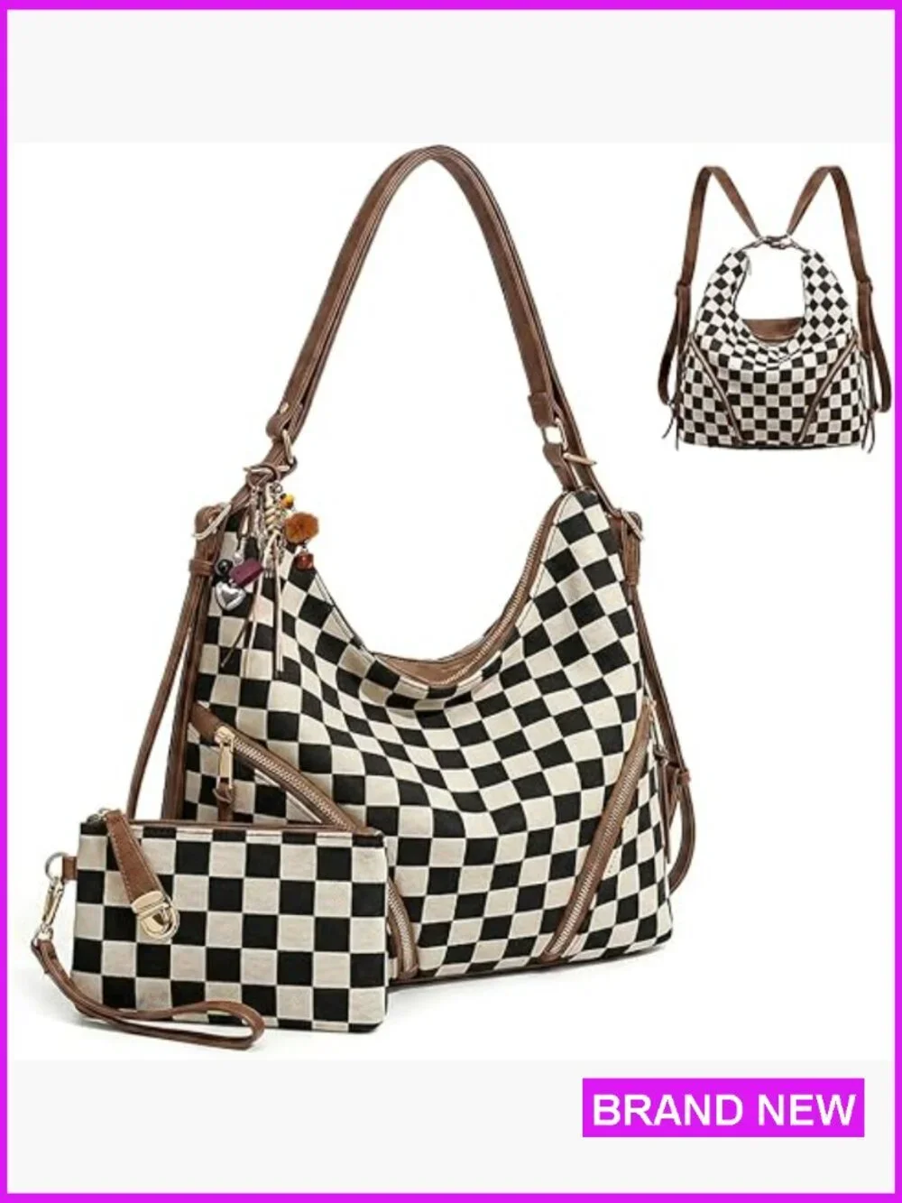 PU Leather Hobo Bag 3-in-1 Convertible Backpack Shoulder Crossbody with Pouch
